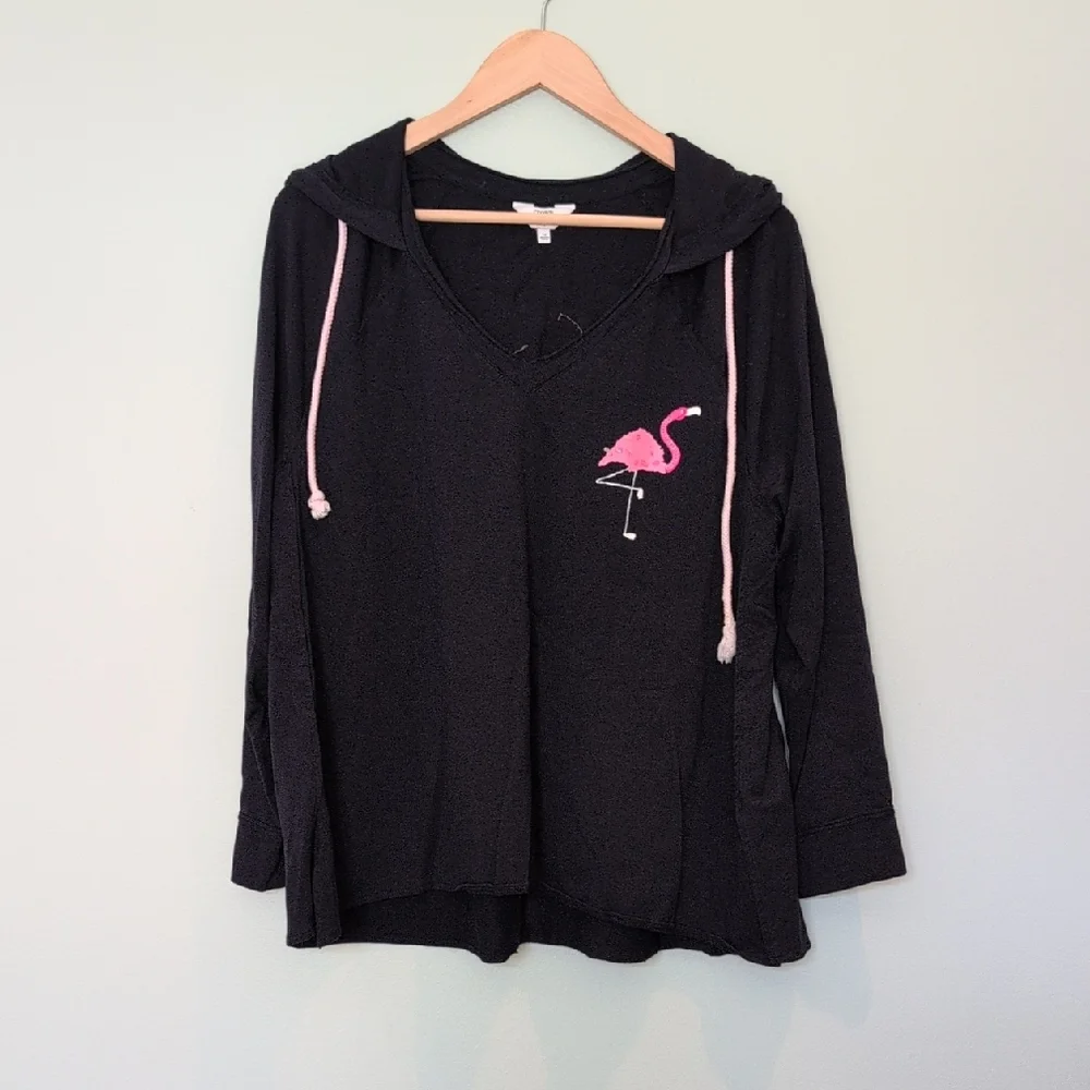 Black Casual Hoodie with Flamingos